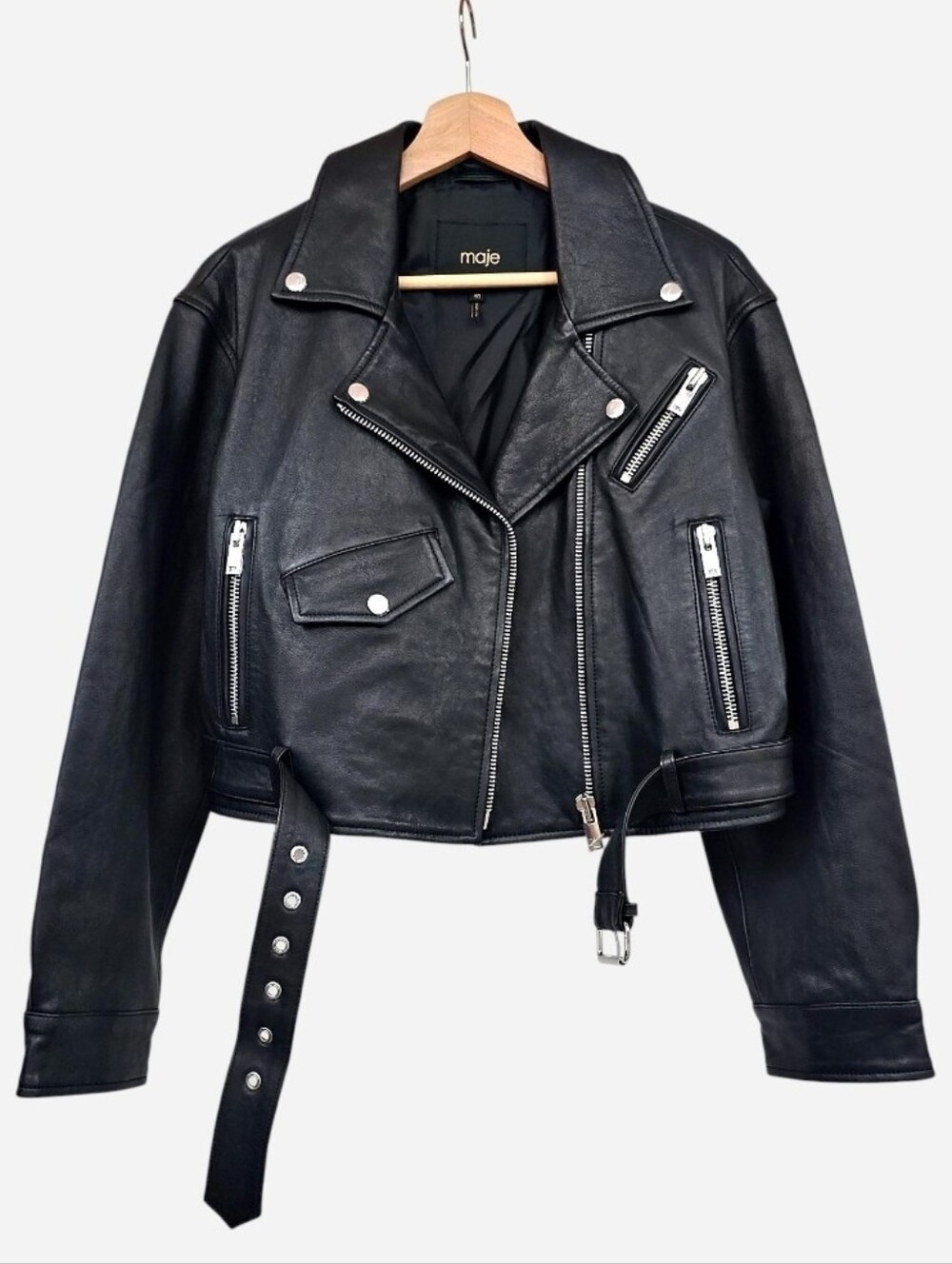 New Maje Besley Black Leather Biker Moto Jacket, Cropped Belted, FR 40/US 8 - Picture 2 of 15